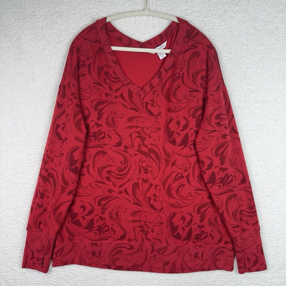 Athleta Womens Coaster Luxe Sweatshirt Large Red Paisley Pullover Athleisure Top - Picture 2 of 16
